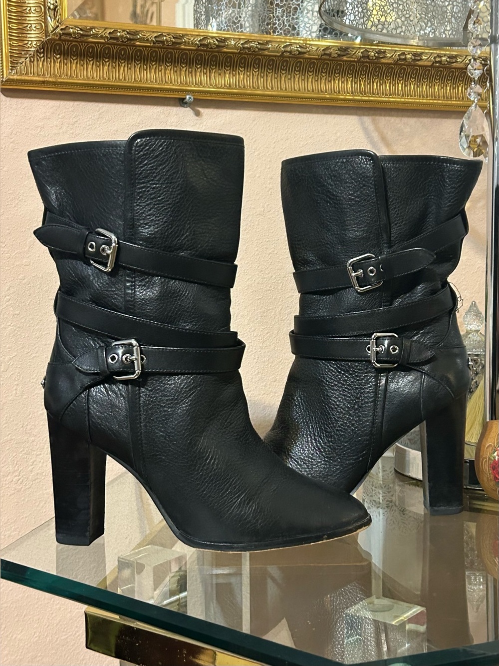 Coach Alexandra Black Leather Mid-Calf Heeled Buckle Boots Size 9